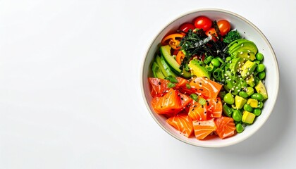 Vibrant poke bowl with fresh salmon, avocado, edamame, cherry tomatoes, and cucumber on a white background