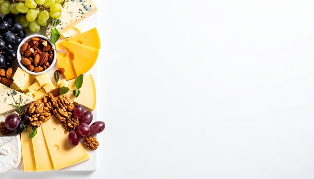 Gourmet cheese board assortment with grapes nuts and fresh mint against a white background - Powered by Adobe