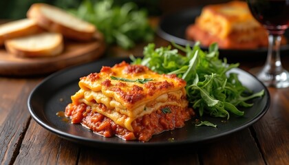 Hearty slice of Italian lasagna, layered with rich tomato meat sauce, melted cheese. Served with fresh arugula salad, crusty bread. Perfect comfort food for family dinner, baked to golden perfection.