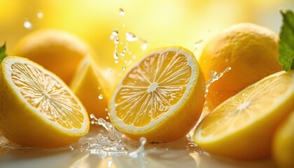 Fresh lemons, half cut, splashed with water. Bright yellow citrus fruit with juicy texture, visible seeds, segments. Refreshing liquid droplets frozen in motion against vibrant, blurred yellow
