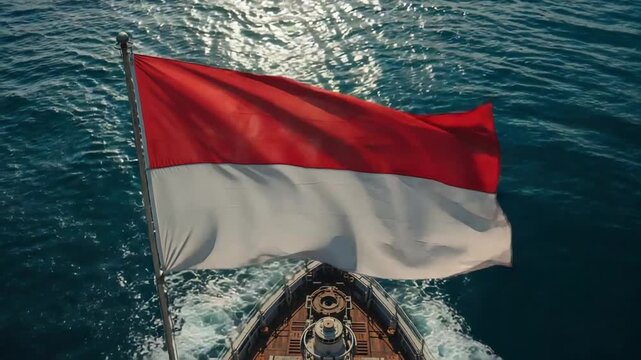 Indonesian Flag Waving Proudly on a Boat Sailing Across the Ocean