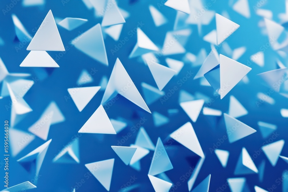Poster white triangle shapes dynamically moving across a vibrant blue background, white triangle shapes mov