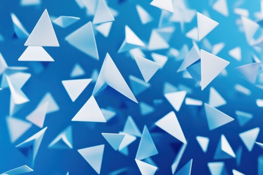 White triangle shapes dynamically moving across a vibrant blue background, white triangle shapes moving on pattern blue background