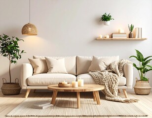Generated image 3D render of a cozy minimalist living room with beige sofa, knitted blanket, wooden coffee table, plants, candles, and warm ambient lighting