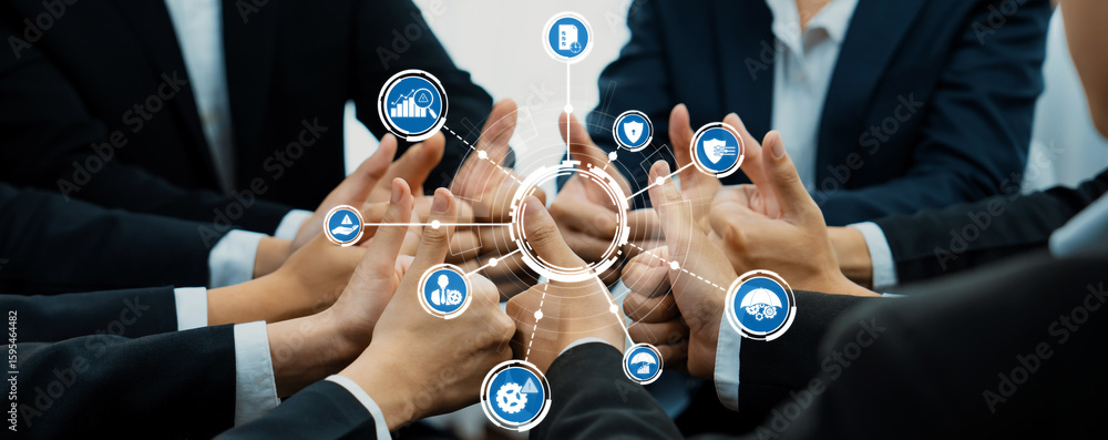 Poster a dynamic representation of teamwork and collaboration in a professional environment, showcasing han
