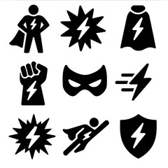 Superhero Icon Set. Solid style icons of superhero themes: superhero with bolt emblem, power burst icon, cape with lightning,