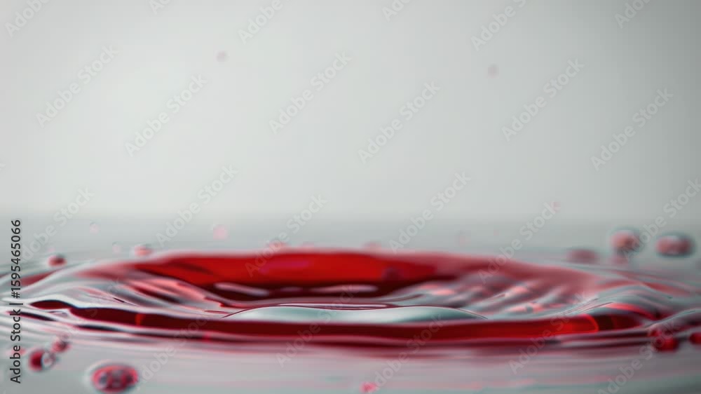 Poster a single red liquid drop falling from above into calm water, creating ripples and splash