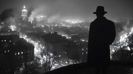 Mysterious Silhouette Over Night Cityscape - Black and White Photography
