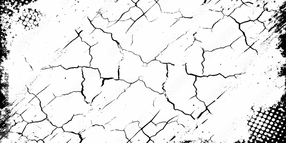 Poster abstract cracked surface with grunge elements and halftone patterns in a black and white design.