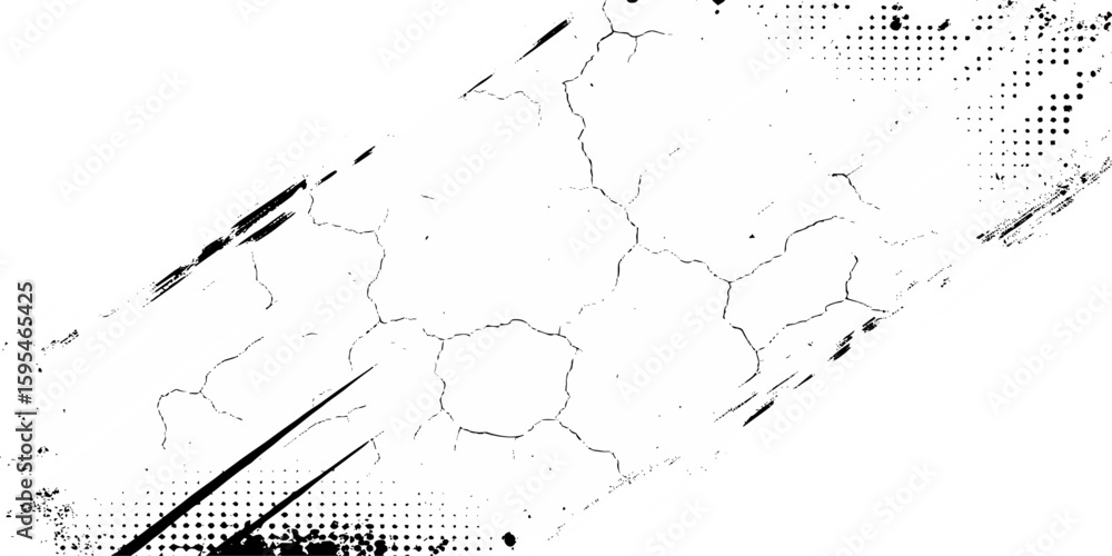 Poster abstract cracked surface with grunge elements and halftone patterns in a black and white design.