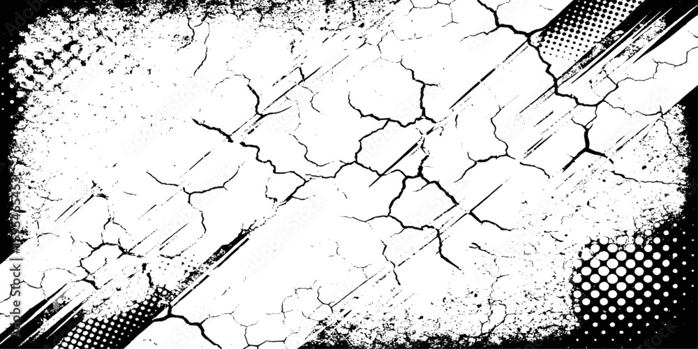Poster abstract background with diagonal black brush strokes and cracked white texture overlay design eleme