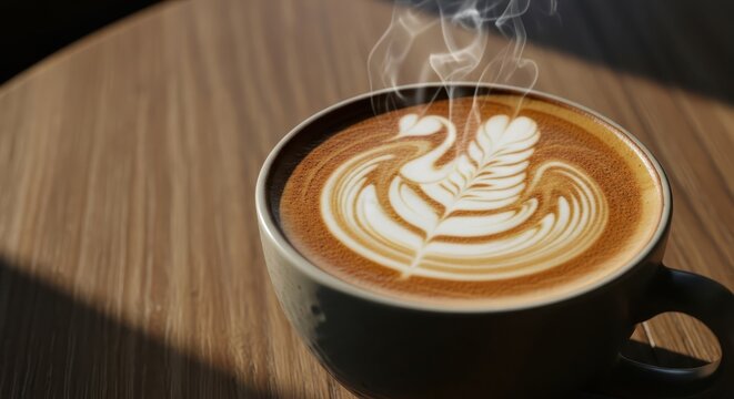 A steaming cup of hot latte coffee with intricate swan art sits on a sunlit wooden table. - Powered by Adobe