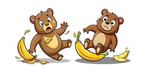 Funny Clumsy Bear Slipping on Banana Peel Vector Illustration &ndash; Hilarious Cartoon Animal Moment, Clean Background, Perfect for Stickers, T-Shirts, Posters, and Merchandise