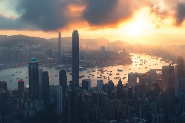 Naklejka premium City skyline at sunset with dramatic clouds and harbor view in Hong Kong, cityscape over data processing
