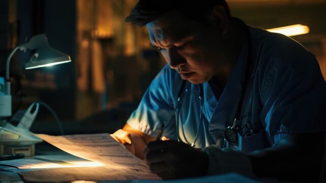 A person studying a paper at a desk, possibly with important information or a report