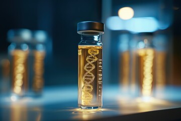 Closeup view of human DNA displayed in a vaccine vial under dim lighting conditions, A close-up view of human DNA on display in a vaccine vial