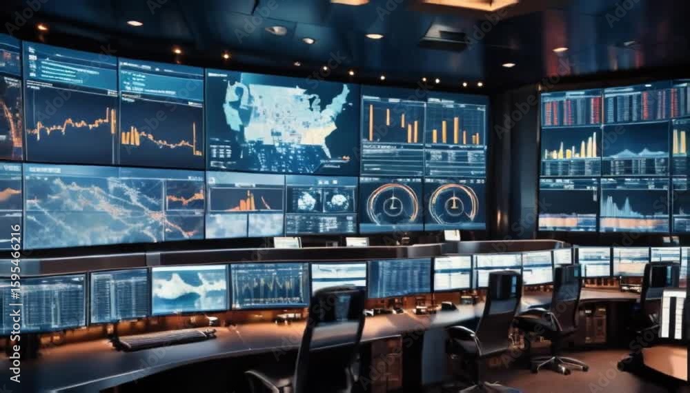 Wall mural high-tech control room with large digital screens showing real-time financial data and analytics