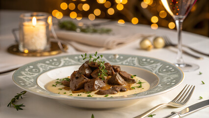 Beef Stroganoff served on elegant plate with festive decorations – Fine dining food photography
