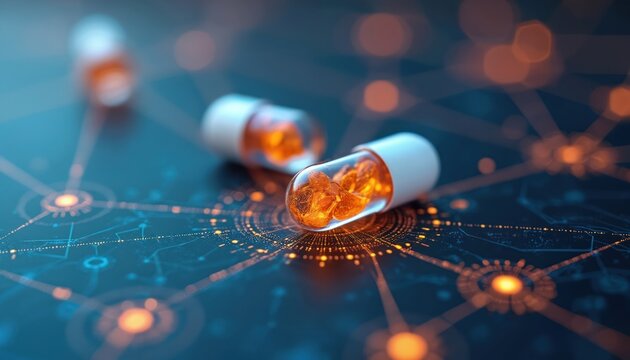 Close-up of transparent medical capsules filled with glowing orange particles resting on digital network grid. Represents advanced healthcare, AI, blockchain technology integration for innovative