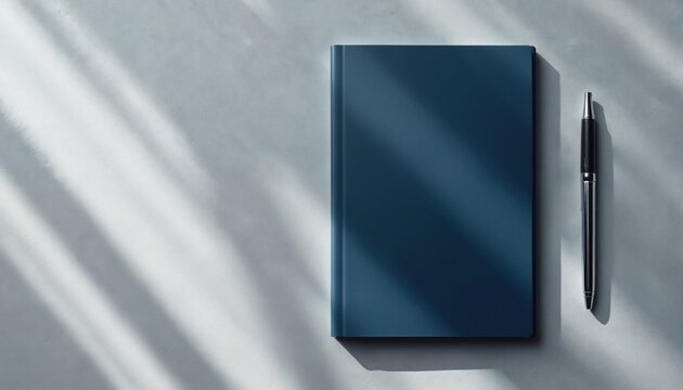Dark blue notebook with blank pages, silver pen rests on light grey textured surface. Soft natural light creates diagonal shadow patterns. Ideal for planning, organization, creativity, inspiration.