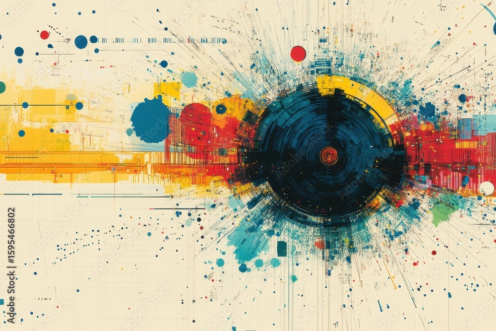 Poster dynamic abstraction of digital data visualization showcasing vibrant colors and intricate patterns, 