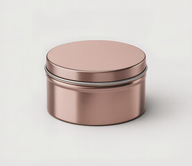 Rose gold metal tin container with lid on white background