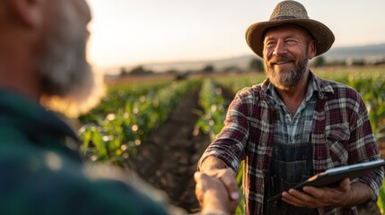 Businessmen engaging in agri-business negotiations amidst lush American farmland