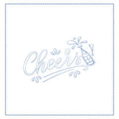 Hand-Drawn Cheers! Popping Champagne Bottle Vector – Blue Outline Celebration Illustration
