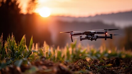 Drone soaring above cornfields at sunrise capturing the essence of modern farming practices