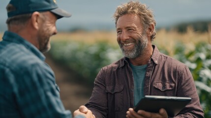 Business professionals negotiate agri-business contract in vibrant American cornfield setting