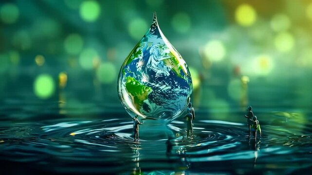 Surreal image of Earth inside a water drop with tiny figures standing around it, reflecting in water ripples