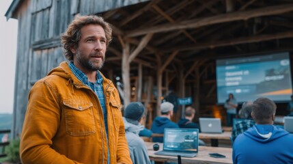 Startup team pitches innovative AgTech project to investors in rustic barn setting