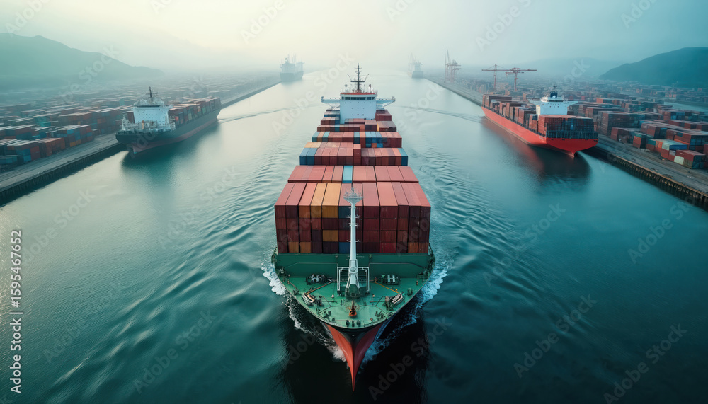 Aufkleber aerial view of large container ships navigating busy shipping channel filled with cargo. numerous co