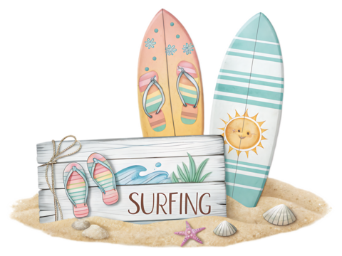 Summer themed illustration featuring surfboards, flip flops, and a surfing sign on the beach