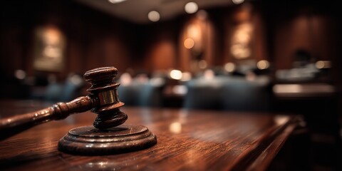 Obraz premium Wooden Gavel on Table in Empty Courtroom – Symbol of Justice and Legal Proceedings with Blurred Background and Dramatic Atmosphere