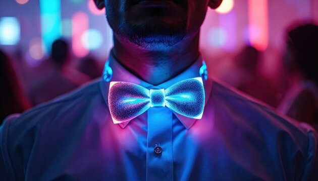 Close-up of man wearing glow-in-the-dark bow tie at vibrant rave party. Neon lights illuminate accessory, creating excitement, joy. Energetic atmosphere with colorful flashes, perfect for nightlife, - Powered by Adobe