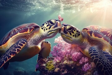 Fototapeta premium Two hawksbill sea turtles interact while feeding on vibrant coral reef in a clear ocean environment, Two Hawksbill Sea Turtle (Eretmochelys imbricata) eating corals feeding reef, underwater shot