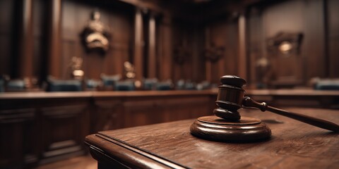 Obraz premium Wooden Gavel on Table in Empty Courtroom – Symbol of Justice and Legal Proceedings with Blurred Background and Dramatic Atmosphere