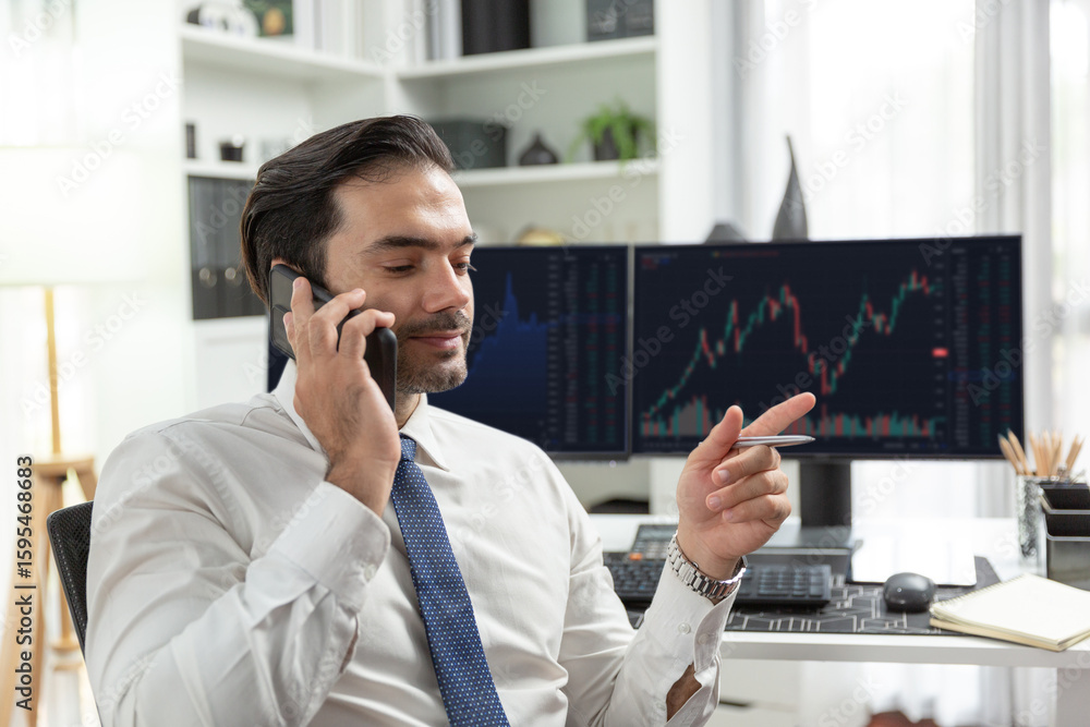 Poster trader businessman calling to consultant or partner with two stock exchange investment, compare data