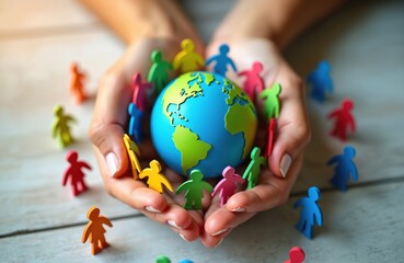 Hands cradle colorful globe surrounded by diverse chain of people figures. Conceptual image represents unity, community, global cooperation. Represents humanity connection, partnership, emphasizing