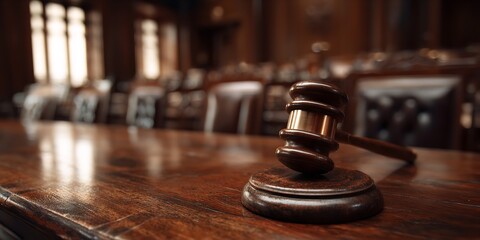 Wooden Gavel on Table in Empty Courtroom &ndash; Symbol of Justice and Legal Proceedings with Blurred Background and Dramatic Atmosphere