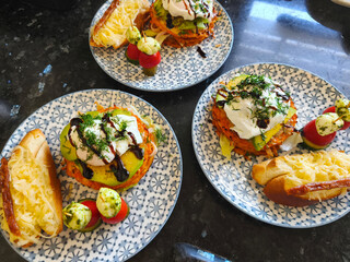 Delicious healthy breakfast on beautiful plates on the table