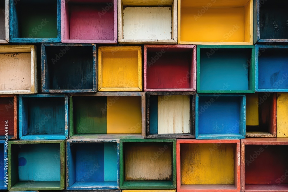 Poster multicolored boxes arranged in random order against a textured background in a vibrant display of co