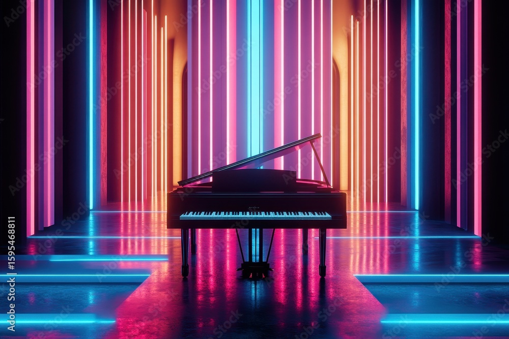 Poster captivating visual rhythm with vibrant music illuminated by colorful lights, a captivating visual sy