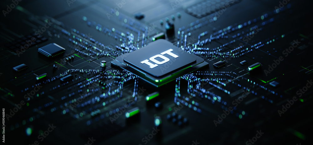 Poster iot internet of things text word on chip processor. modern technology concept