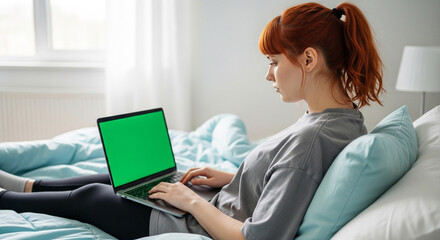 A person staring at a green screen of a laptop