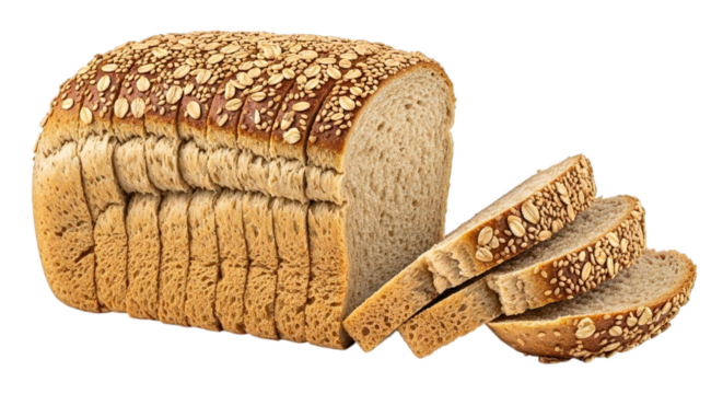 Delicious sliced whole wheat bread topped with oats, tempting food photography on transparent background.