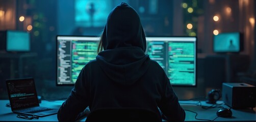 Back view of anonymous female hacker coding malicious virus on high-performance computer at midnight. Focused programmer working on dangerous attack against company database, cybercrime, data breach.