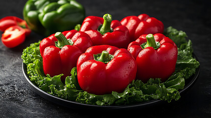 Fresh Red Bell Peppers on Dark Background with Kale