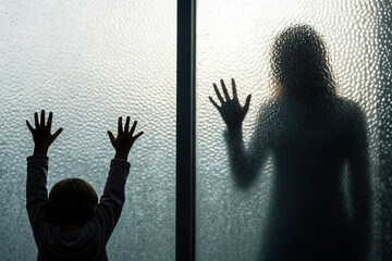 Child and mother silhouette behind frosted glass window family separation anxiety concept photography
